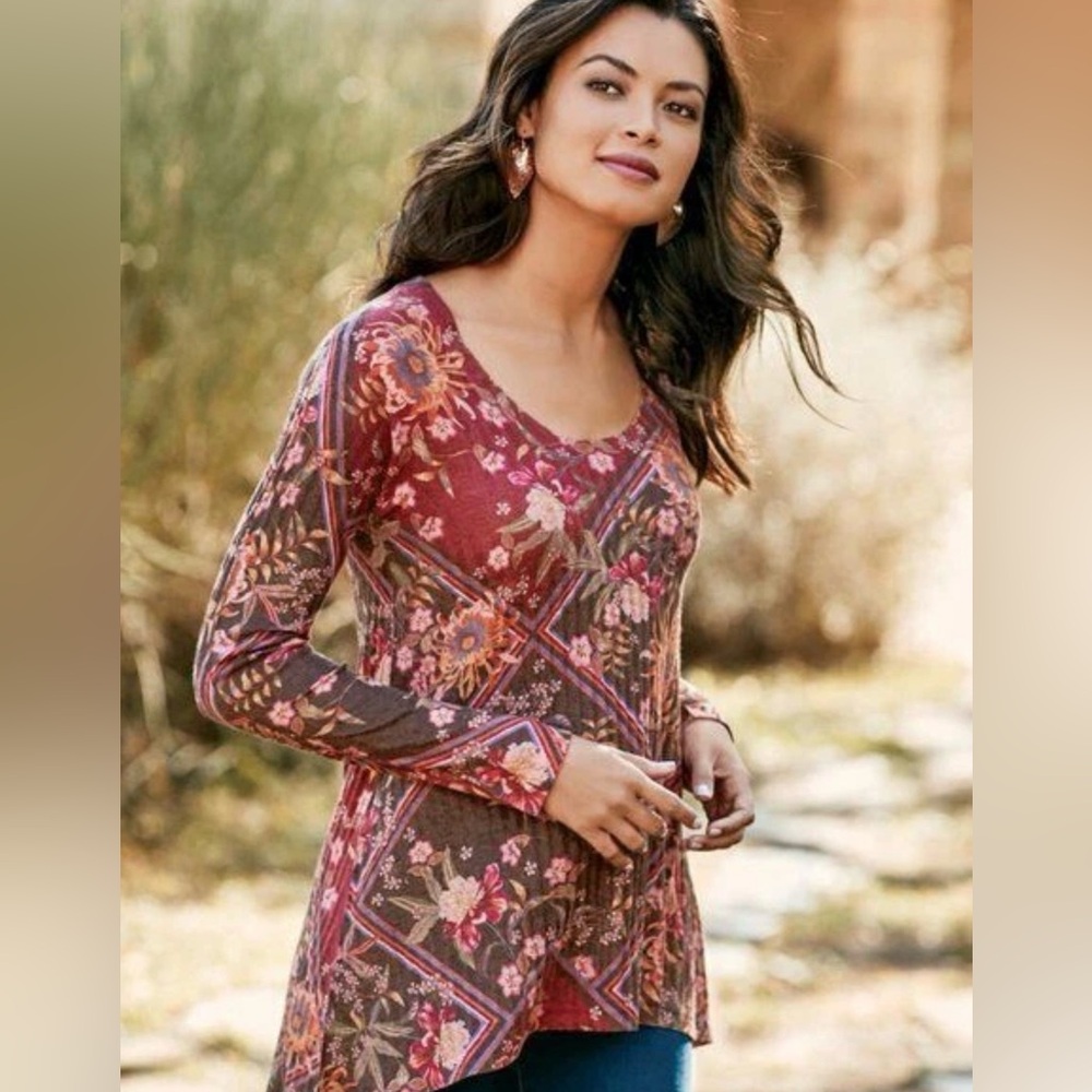 Floral Patchwork Alisanna floral Long Sleeve Tunic - Rust, Pink, Orange SZ L